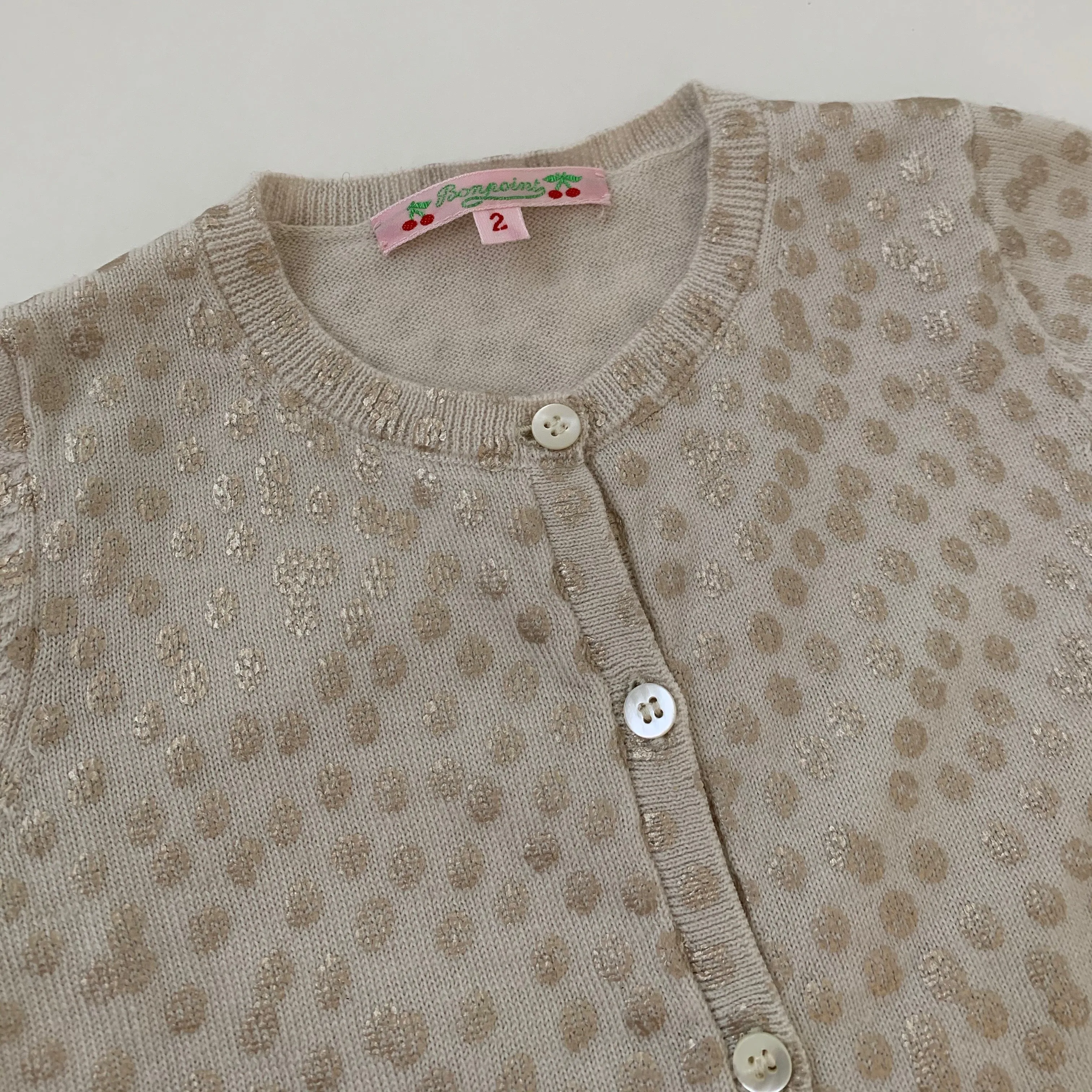 Bonpoint Cream And Gold Polka Dot Wool Cardigan: 2 Years