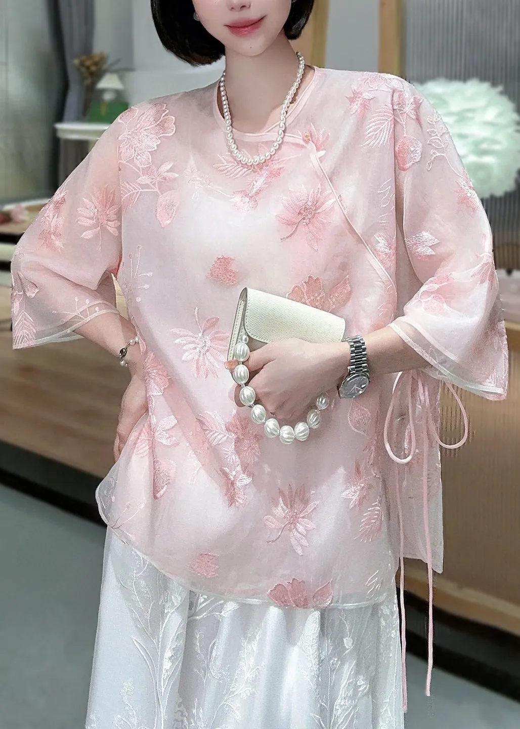 Chinese Style Pink Embroidered Lace Up Tulle Blouses Spring QA1075