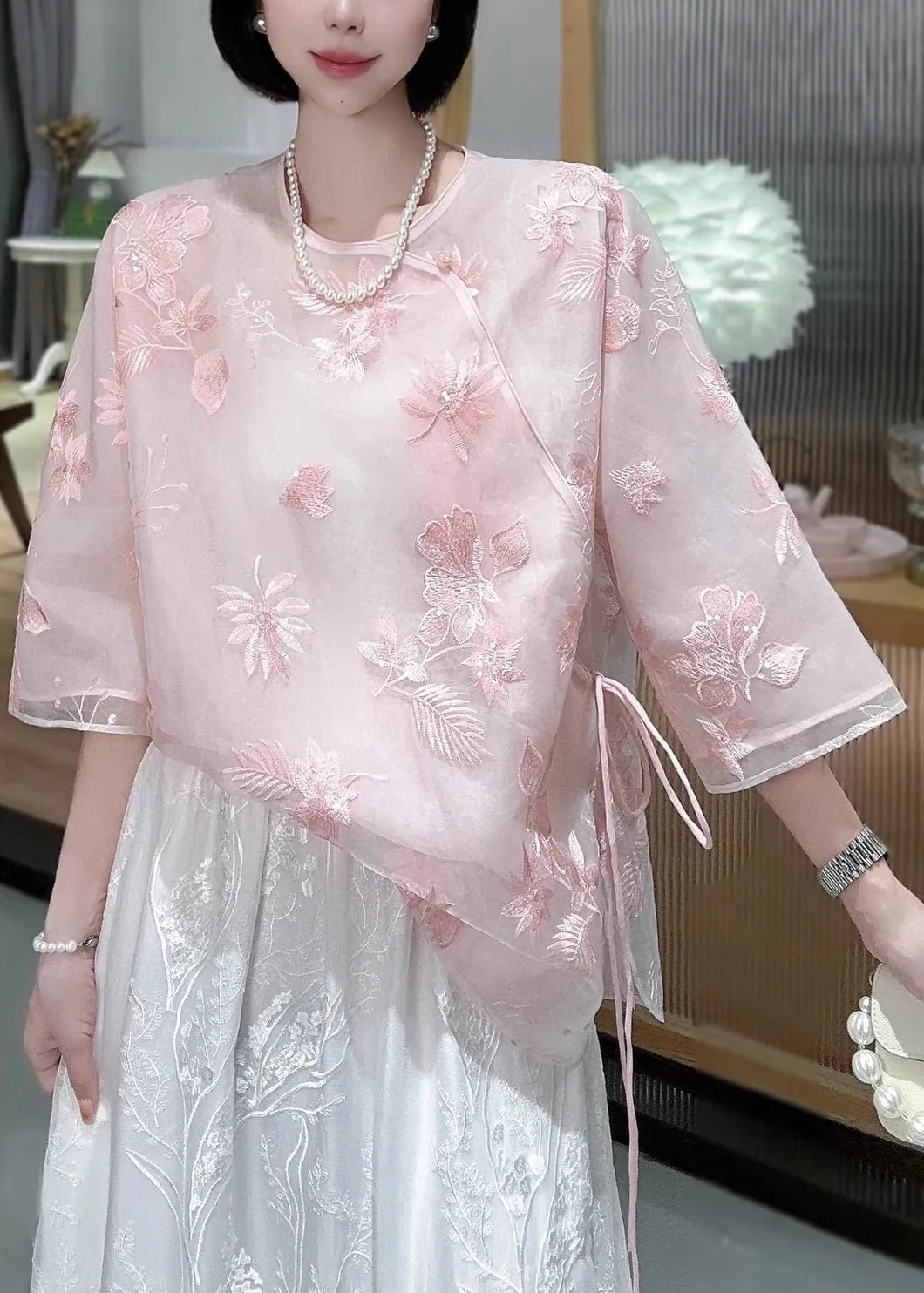 Chinese Style Pink Embroidered Lace Up Tulle Blouses Spring QA1075