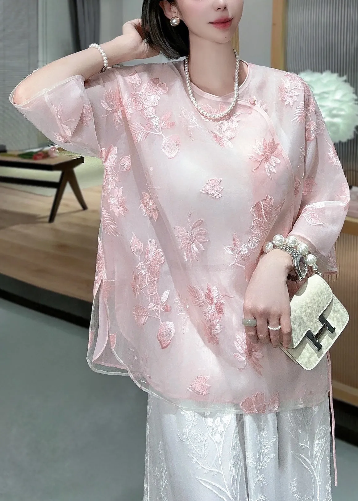 Chinese Style Pink Embroidered Lace Up Tulle Blouses Spring QA1075