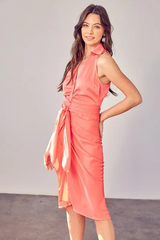 Coral Peach Sleeveless Collar Front Tie Dress