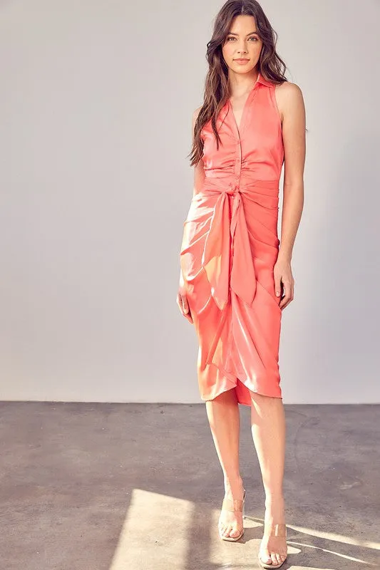 Coral Peach Sleeveless Collar Front Tie Dress