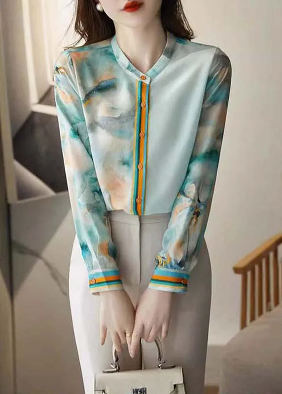 Elegant Blue Print Button Silk Blouses Spring QA1083