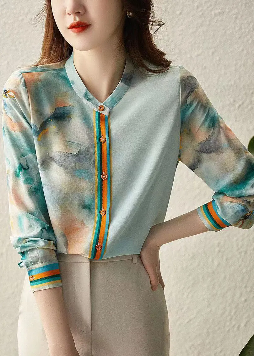 Elegant Blue Print Button Silk Blouses Spring QA1083