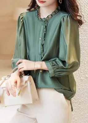 Green Solid Button Chiffon Blouses Ruffled Spring AB1002