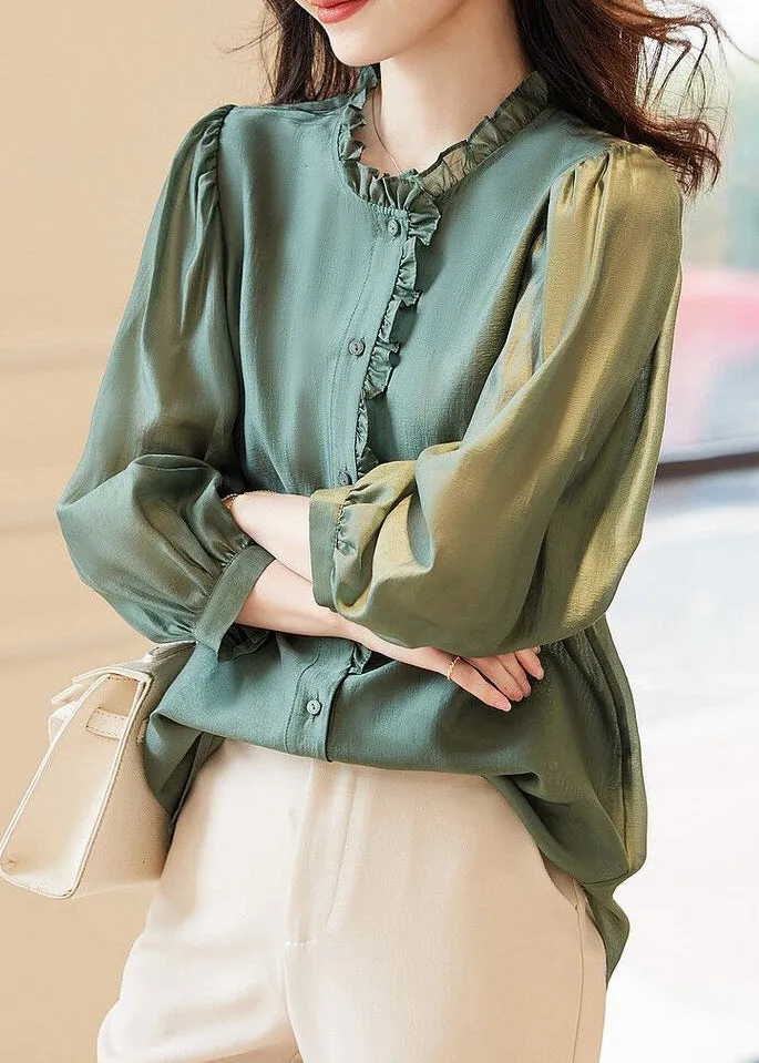 Green Solid Button Chiffon Blouses Ruffled Spring AB1002