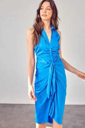 Maldive Blue Sleeveless Collar Front Tie Dress