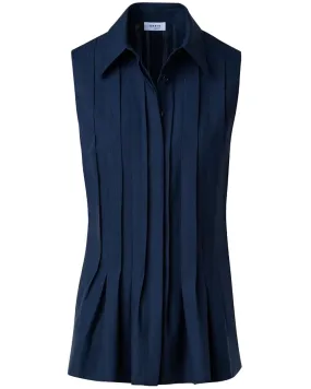 Navy Sleeveless Pleat Front Blouse