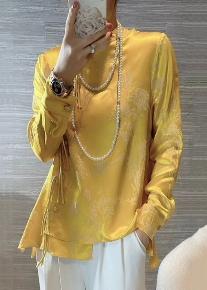 New Yellow Chinese Button Print Silk Blouses Spring QA1080