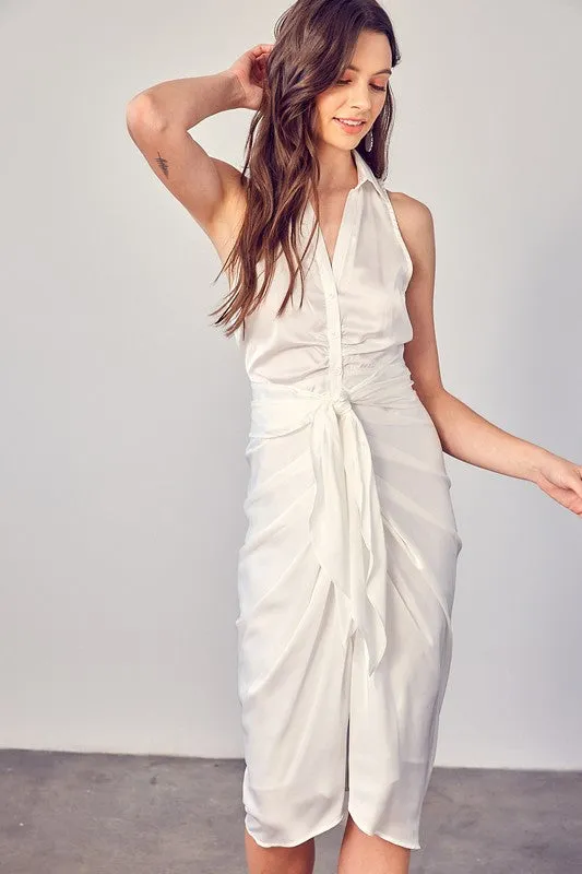 Off White Sleeveless Collar Front Tie Dress