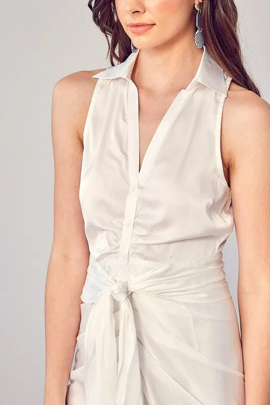 Off White Sleeveless Collar Front Tie Dress