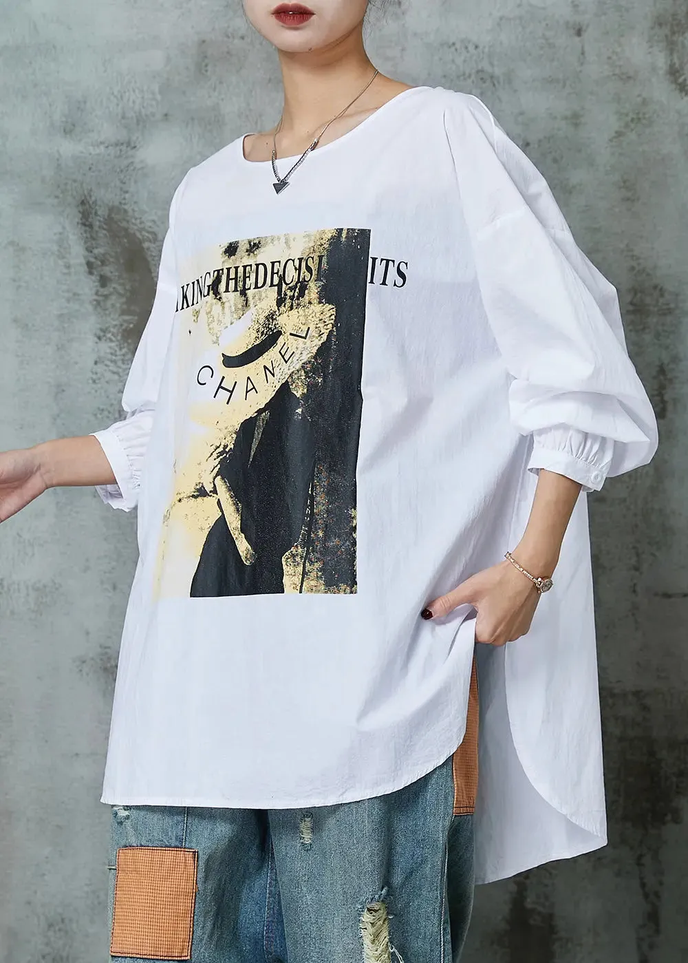 Simple White Oversized Print Cotton Blouses Spring JK1036