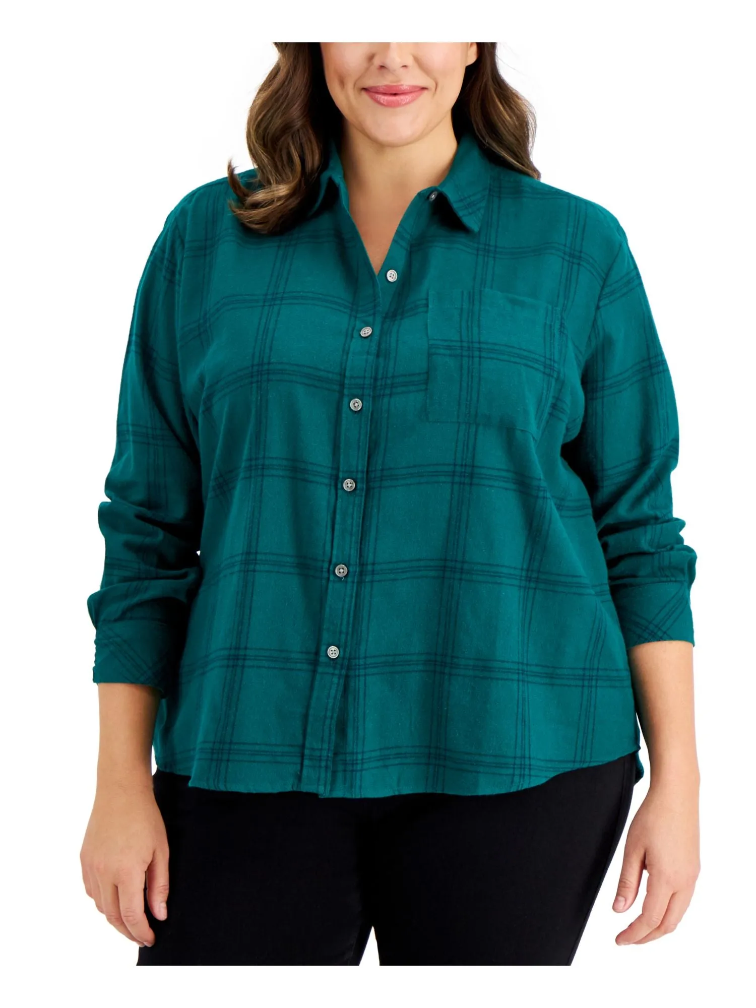 STYLE & COMPANY Womens Green Pocketed Step Hem Plaid Cuffed Sleeve Point Collar Button Up Top