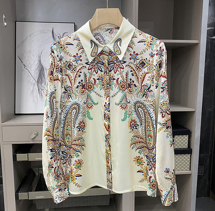 Vintage Print Women Satin Blouses Runway Baroque Elegant Office Ladies Long Sleeve Shirts Tops Blusas De Mujer  Блузки