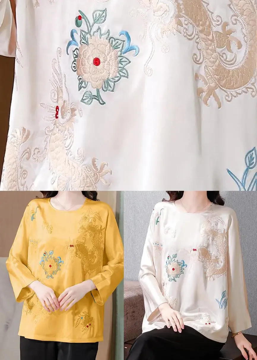 White Draping Silk Blouses Embroidered Spring HA1020