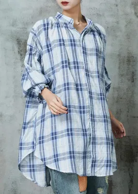 Women Blue Oversized Plaid Cotton Blouses Lantern Sleeve JK1056