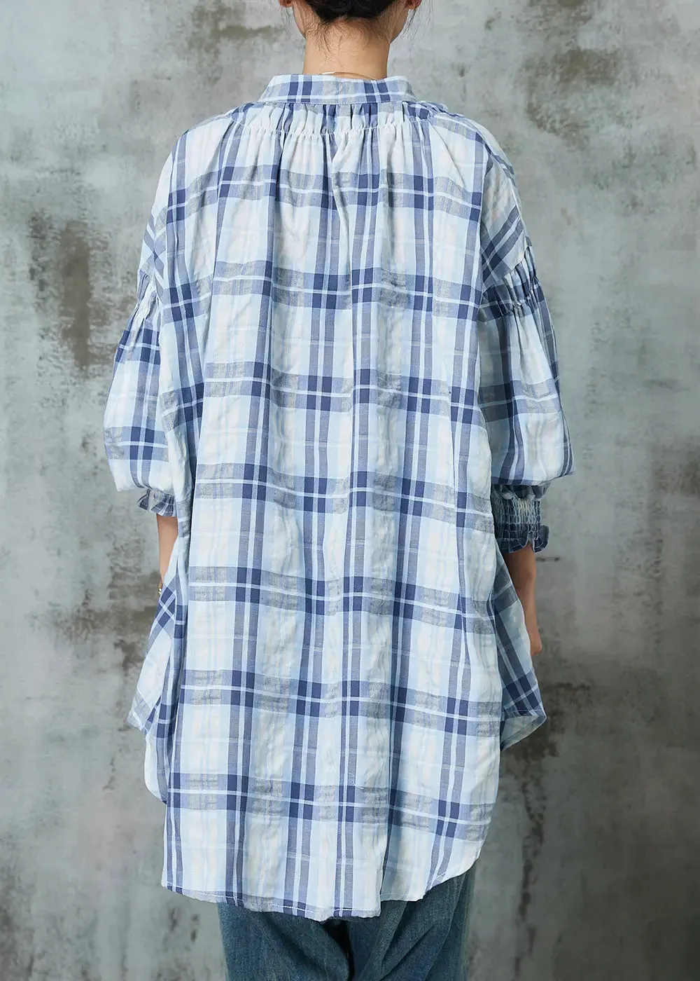 Women Blue Oversized Plaid Cotton Blouses Lantern Sleeve JK1056